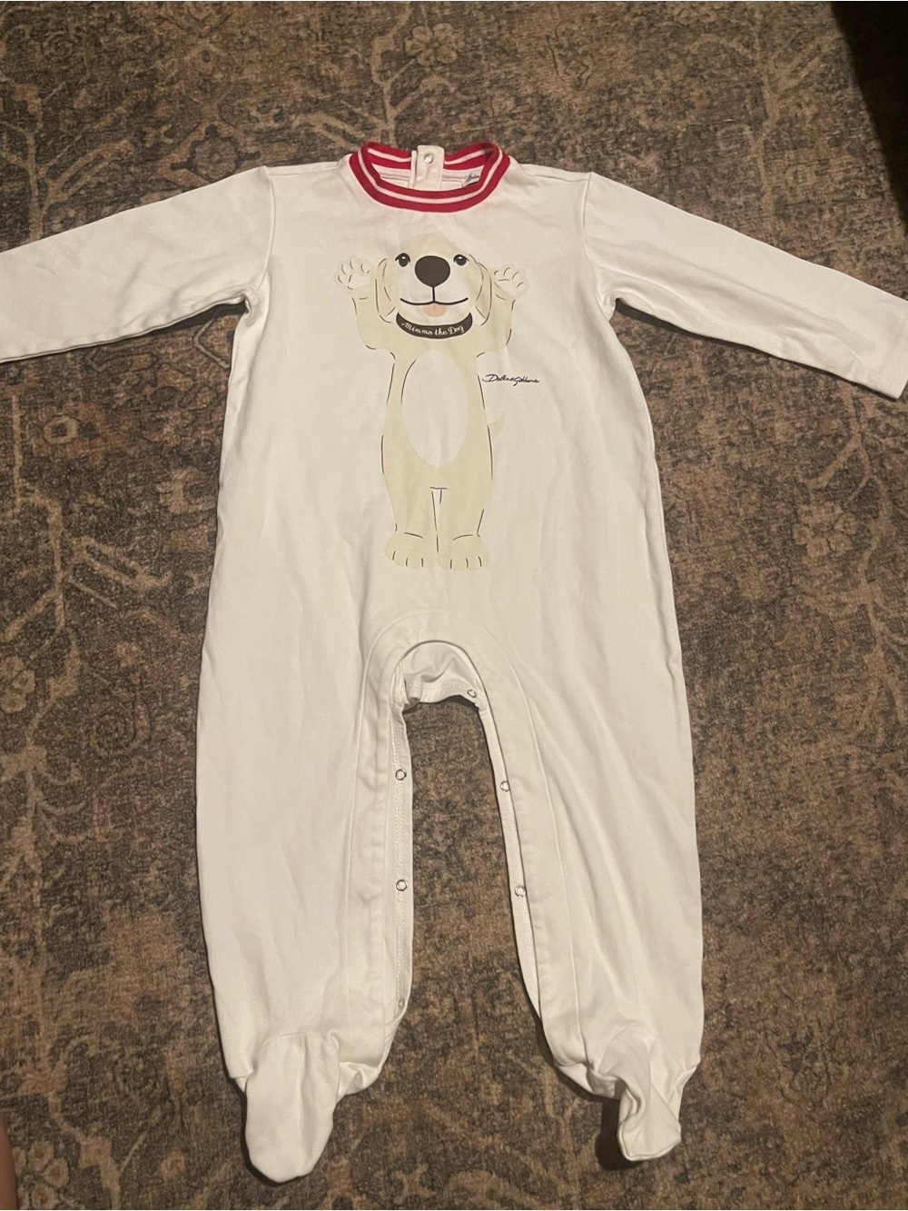 Dolce & Gabbana White Footed Baby Romper with Bear Motif and Red Collar